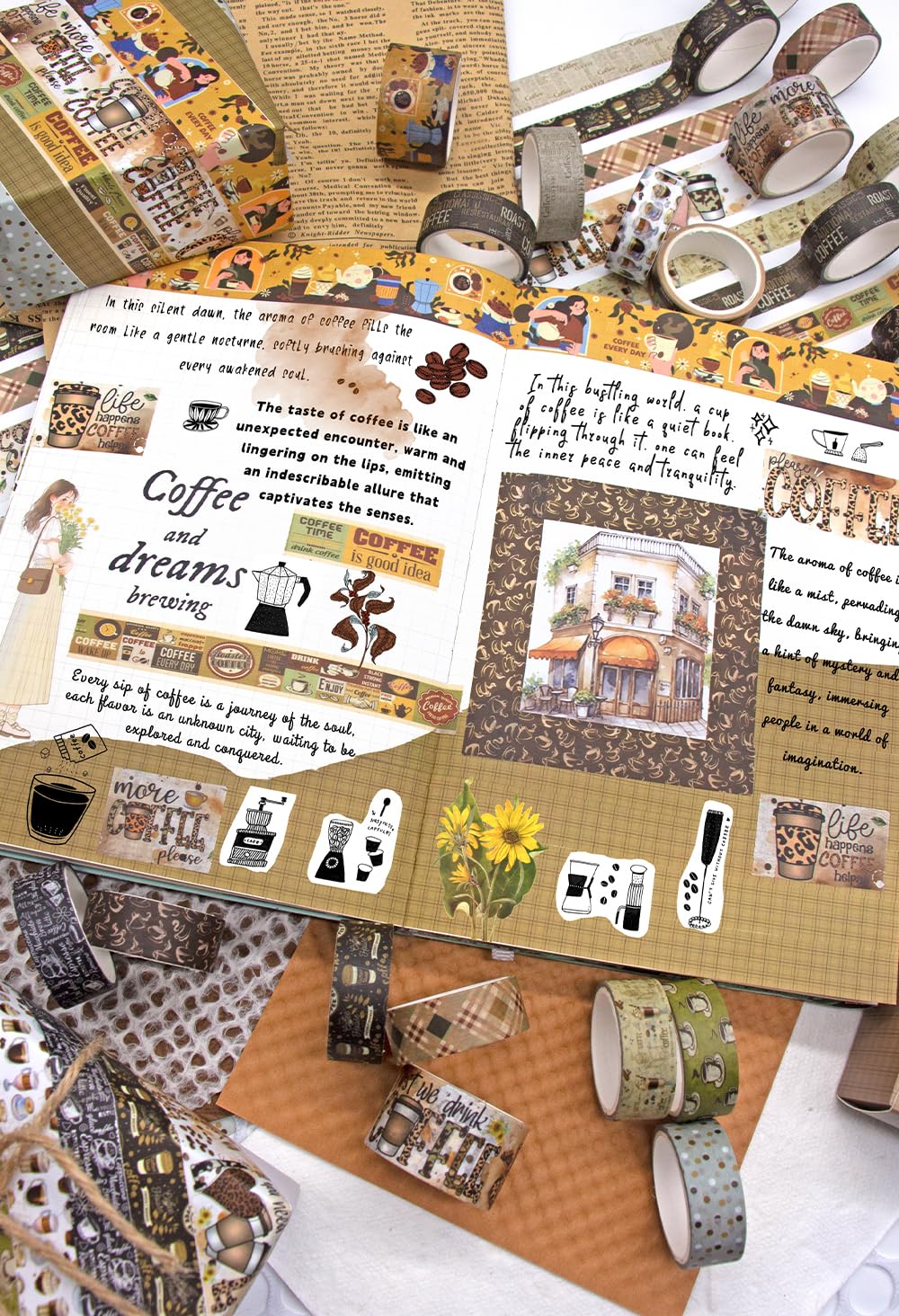 Coffee Themed Washi Tape Set, 14 Rolls Vintage Crafts Tape, Art Decorative Tape for Scrapbooking Supplies, Junk Journal, Bullet Journaling, Vision Board Supplies