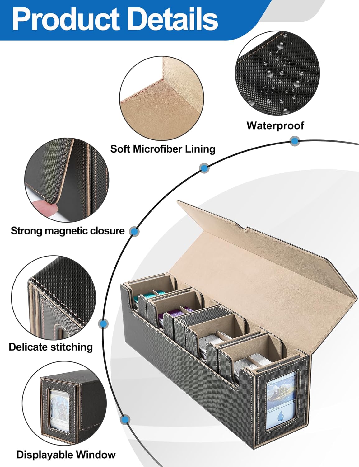 Card Deck Box for MTG with Commander Display, 5 in 1 Card Deck Case Holds 800+ Unsleeved Cards, Strong Magnet Organizer Compatible with Yugioh TCG Sports Cards (Black&Glod)