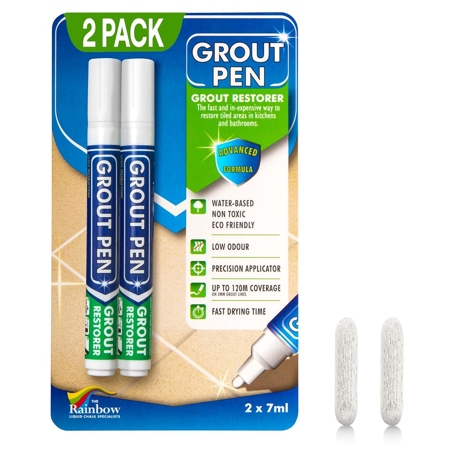 Grout Pen White Tile Grout Paint Marker: Waterproof Tile Grout Colorant and Sealer Pens for Cleaner Looking Floors & Whitener Without Bleach - Narrow 5mm, 2 Pack with Extra Tips (7mL) - White