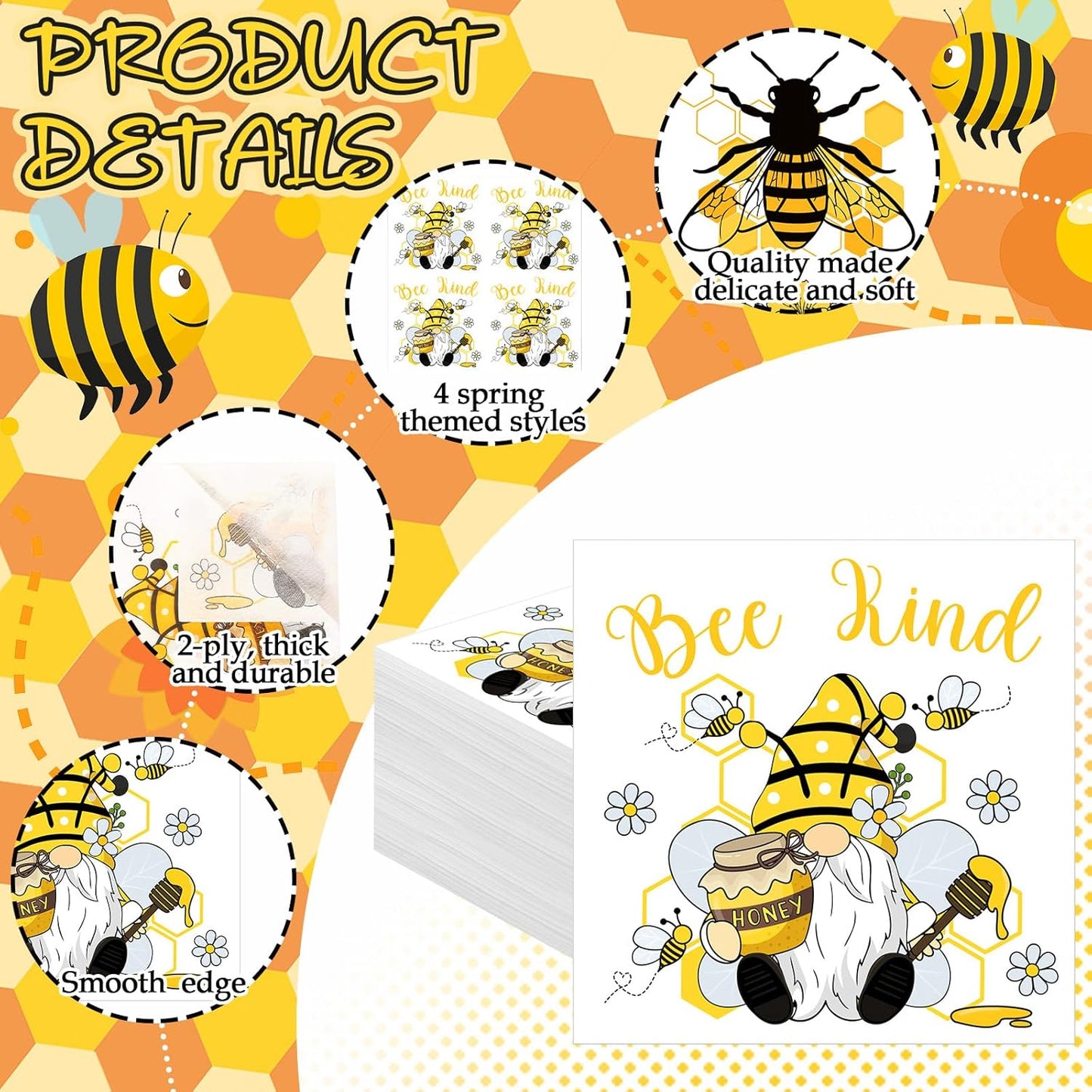 Fulmoon 200 Pieces Summer Bee Cocktail Napkins Disposable Decorative Decoupage Beverage Paper Napkins Bulk Dessert Towel for Summer Tea Party Dinner