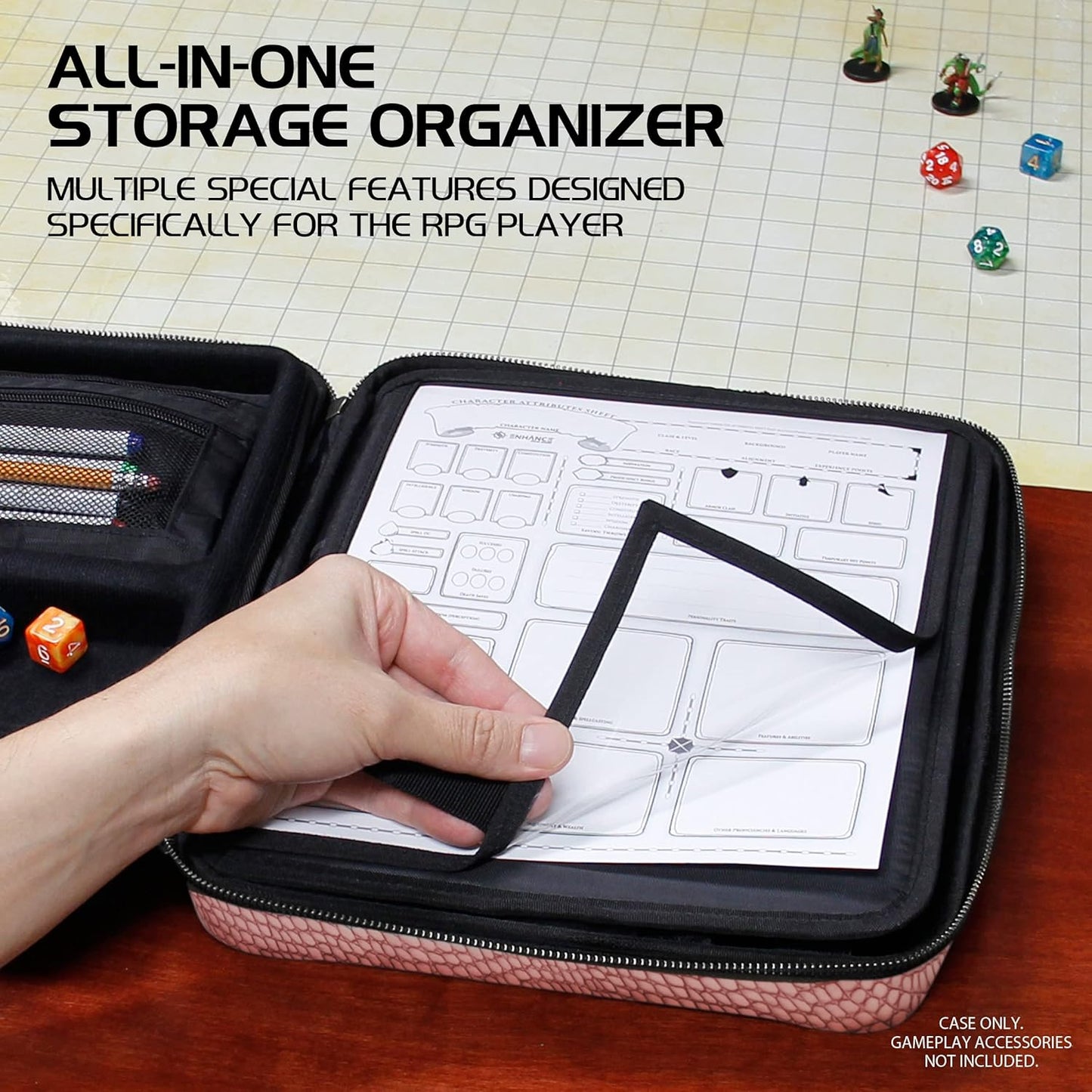 ENHANCE RPG Organizer Case - DnD Binder with Built-in Character Sheet Holder and Erasable Scribe Panel, Dice Rolling Area, Removable Pen Pouch, Miniature Foam Tray, Wrist Strap