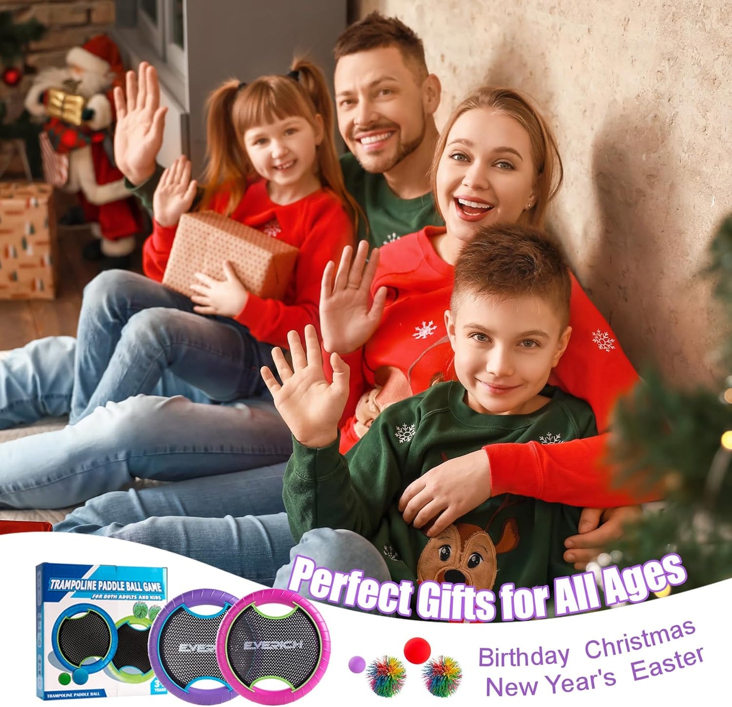 EVERICH TOY Trampoline Paddle Ball Set with 2 Bouncy Paddles & 4 Balls - Soft Foam Design for Kids Play Indoor Outdoor Beach Backyard Lawn - Great Gift Idea for Boys & Girls (Pink & Purple)