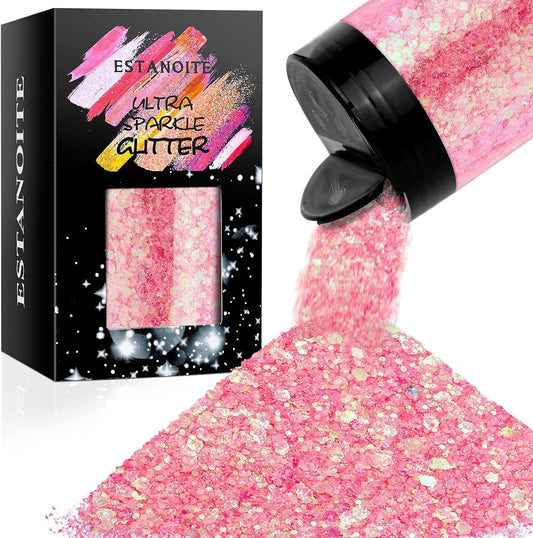 Iridescent Chunky Glitter 5.64oz/160g, Ultra Fine Glitter Powder Mixed Chunky PET Flakes Sequins for Resin Epoxy Craft Arts, Tumbler, Cosmetic Glitter for Body Nail Hair Eye Party Festiva (Disco Pink)