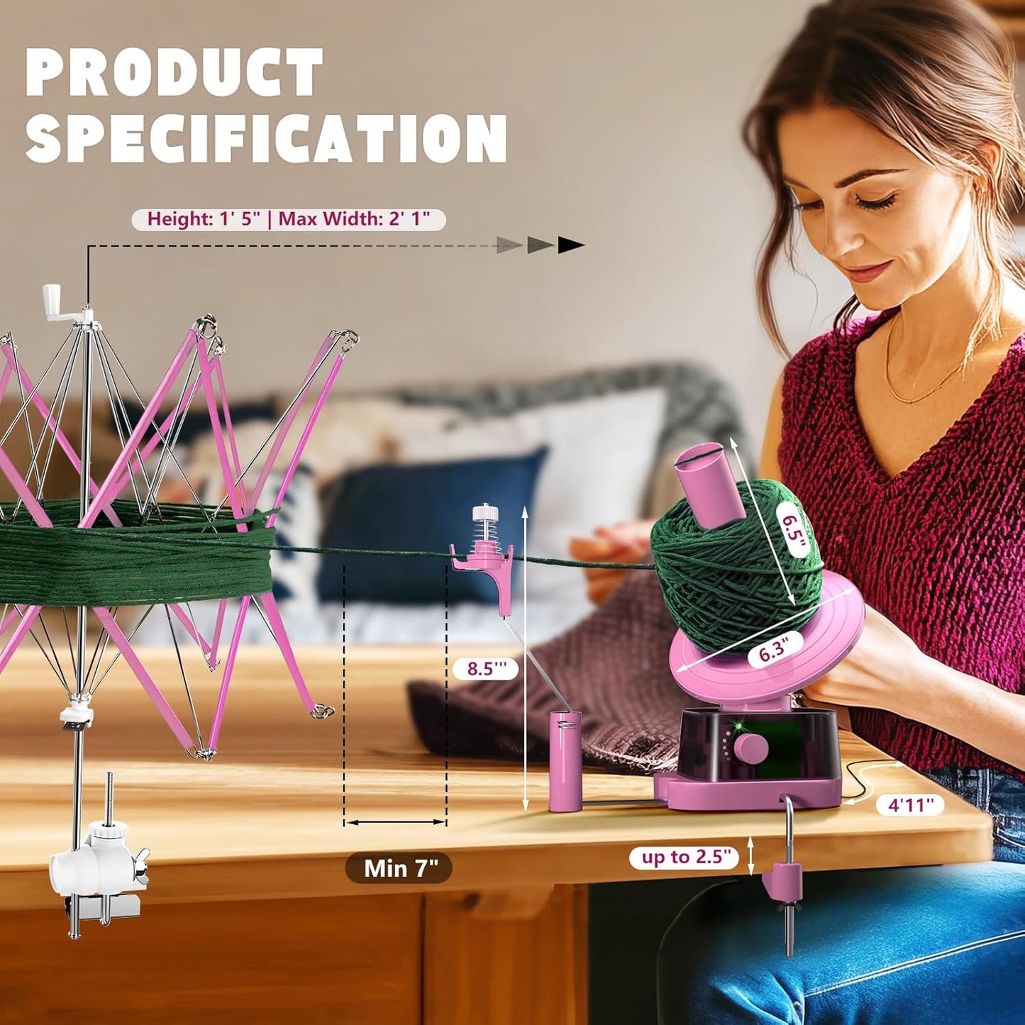 Yarn Winder and Swift, Electric Yarn Ball Winder & Swift Combo for Crocheting, Efficiently Cake with Strong Tension Adjustable Speed Up to 13 oz, Yarn Spinner Wool for Knitting Enthusiast (Pink)