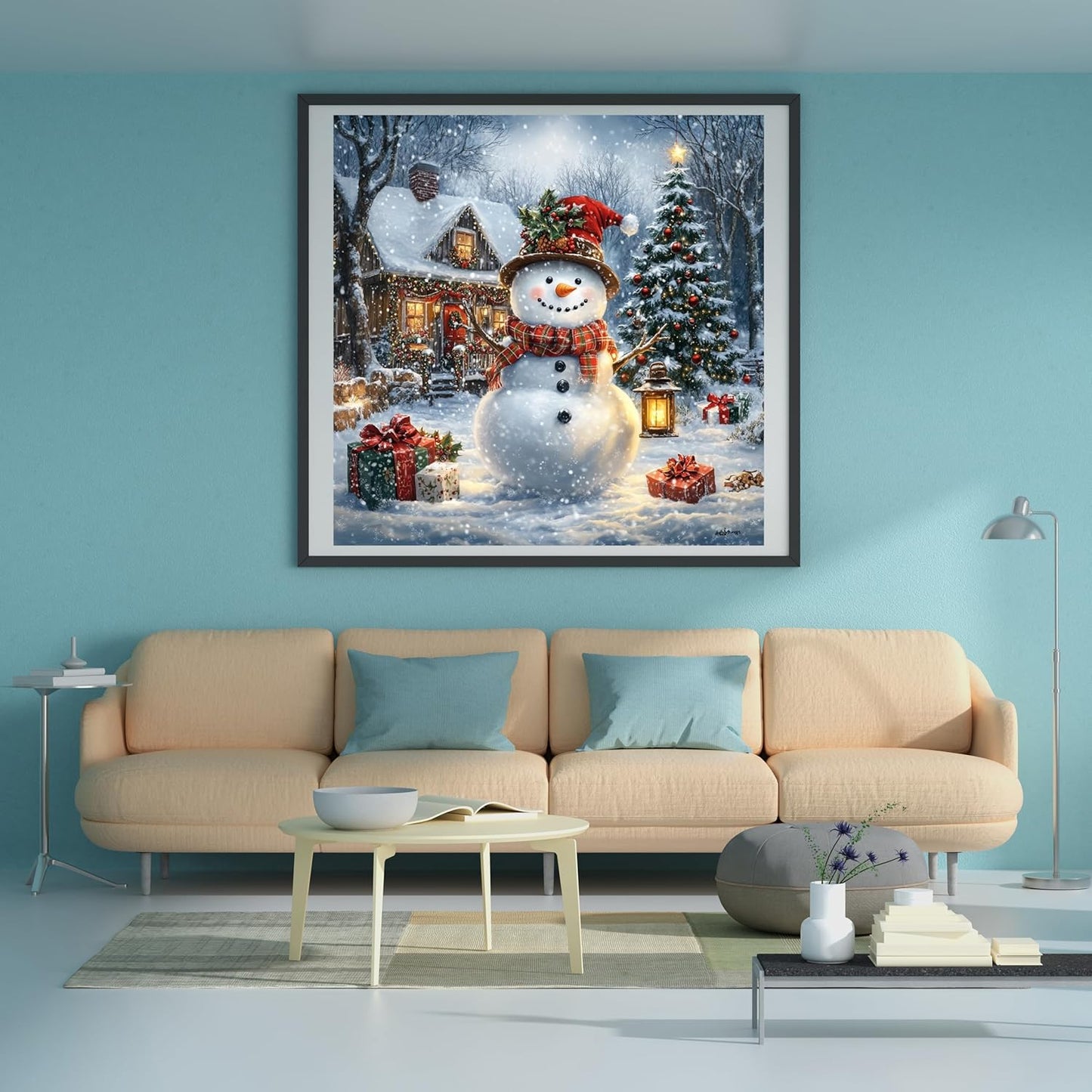 Moohue 14ct Counted Cross Stitch Kits for Adults Winter Snowman House Trees Printed Stamped Cross Stitch Patterns Kits Cross Stitch Supplies (Winter Snowman House Trees)