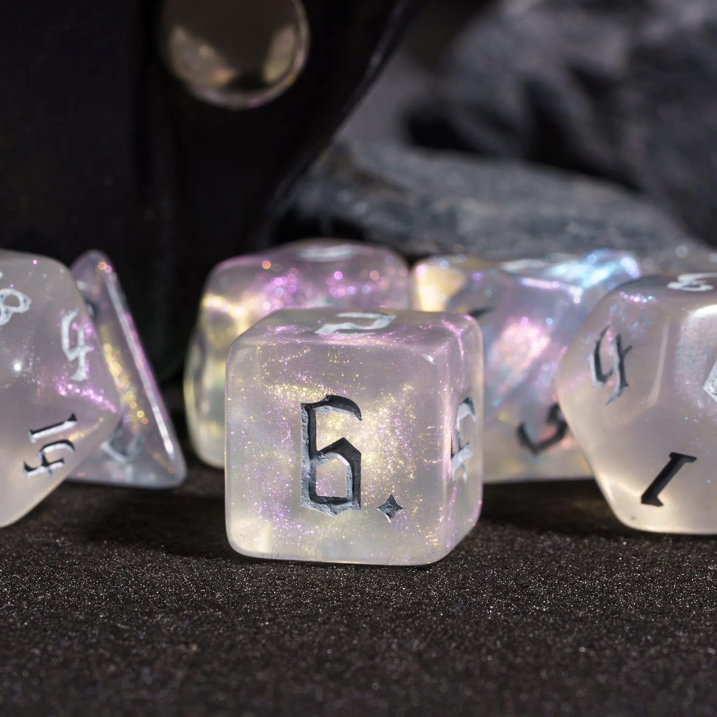 7-Die DND Dice Set Polyhedral Dice Set with Leather Bag D&D Dice Set for RPG Table Games (Transparent w/Glitter)