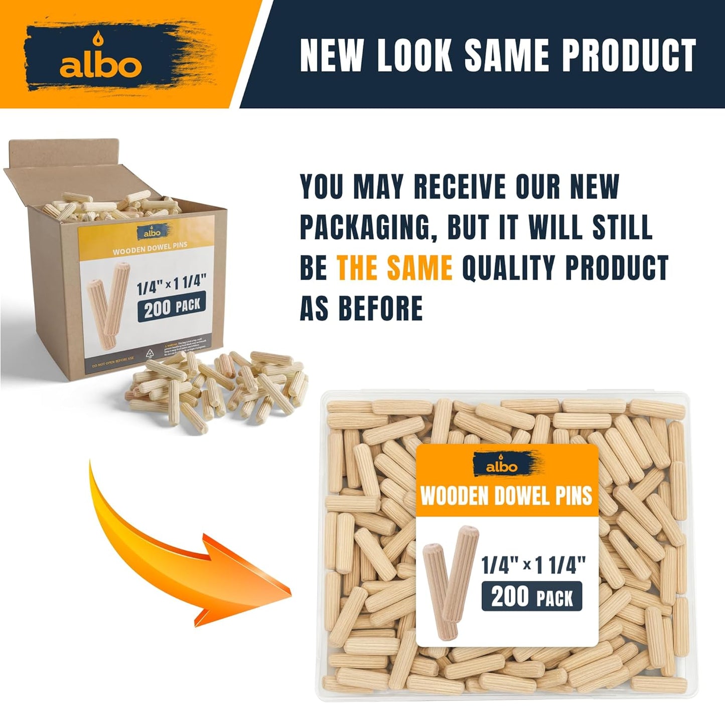 ALBO Wooden Dowel Pins 1/4 x 1-1/4 inch Fluted Wood Dowels Rods 200 Pack Hardwood Crafts Dowel Pegs