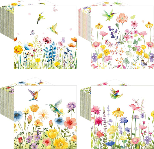 Fulmoon 200 Pieces Christmas Wildflower Cocktail Napkins Decoupage Disposable Fall Floral Dessert Paper Dinner Napkins Decorative Flower Hummingbird Beverage Towel for Xmas Party Favor Supplies
