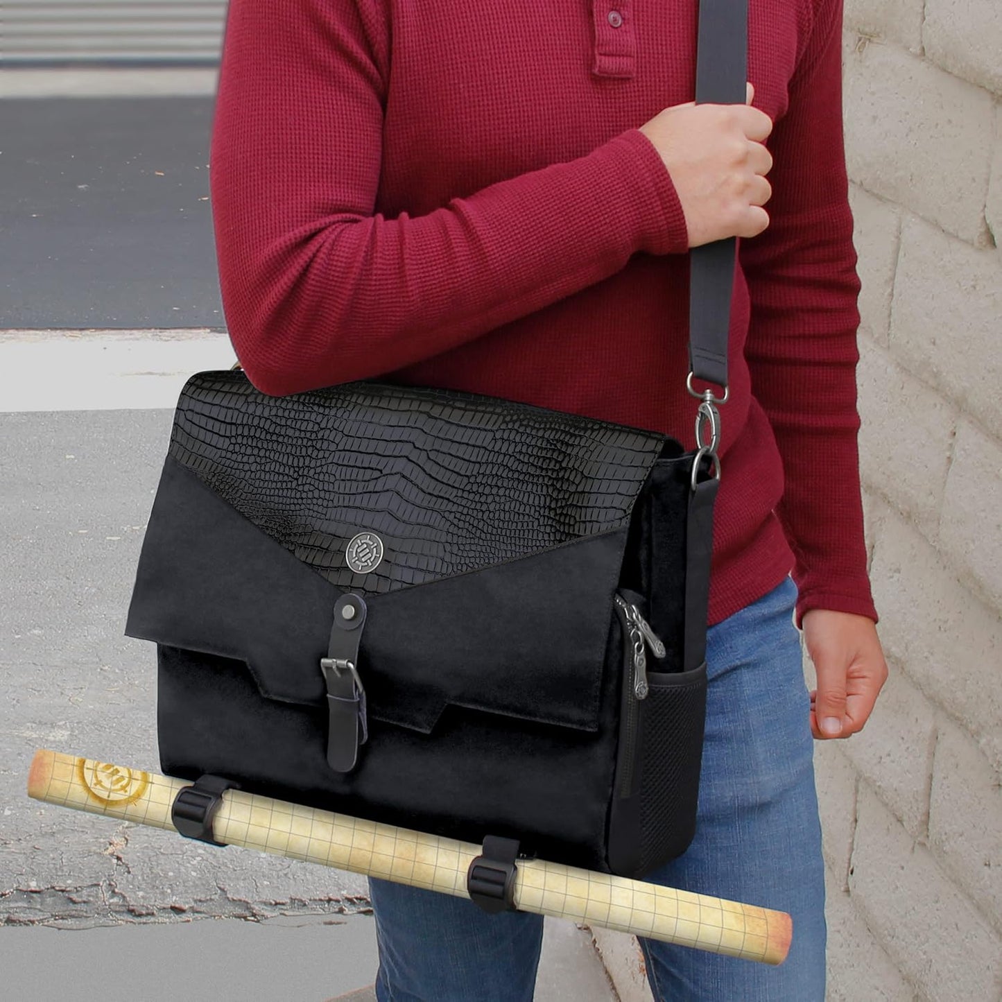 ENHANCE Collector's Edition RPG Player's Essentials DnD Bag - Dragon Hide Exterior Messenger Bag Fits 2-4 Books, Binders, Dice & Accessories, with 17 inch Laptop Slot, Battlemap Straps (Dragon Black)