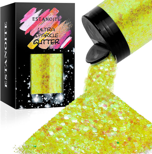Iridescent Chunky Glitter 5.64oz/160g, Ultra Fine Glitter Powder Mixed Chunky PET Flakes Sequins for Resin Epoxy Craft Arts, Tumbler, Cosmetic Glitter for Body Nail Hair Eye Party (Iridescent Yellow)
