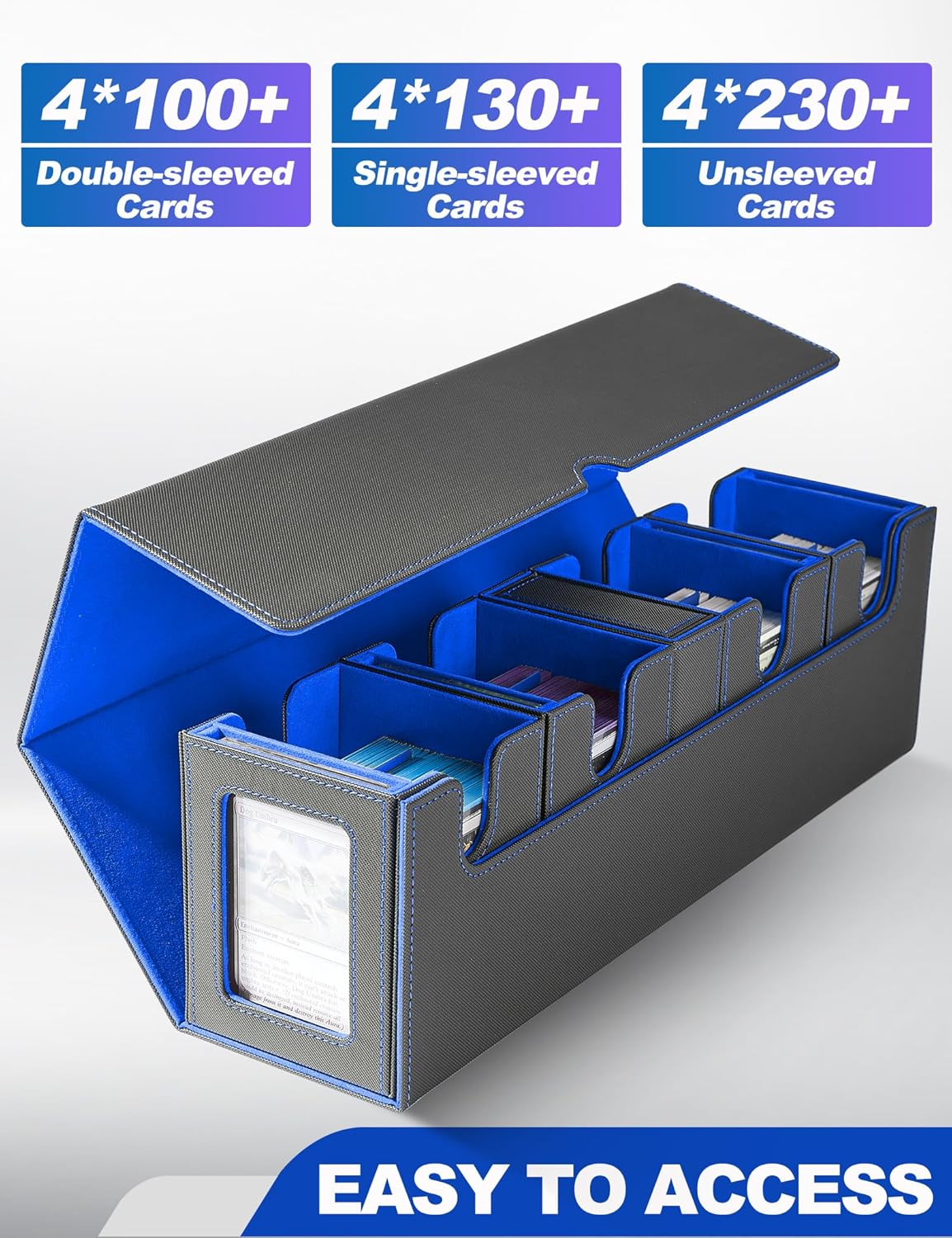 Card Deck Box for MTG with Commander Display, 5 in 1 Card Deck Case Holds 800+ Unsleeved Cards, Strong Magnet Organizer Compatible with Yugioh TCG Sports Cards (Black&Blue)