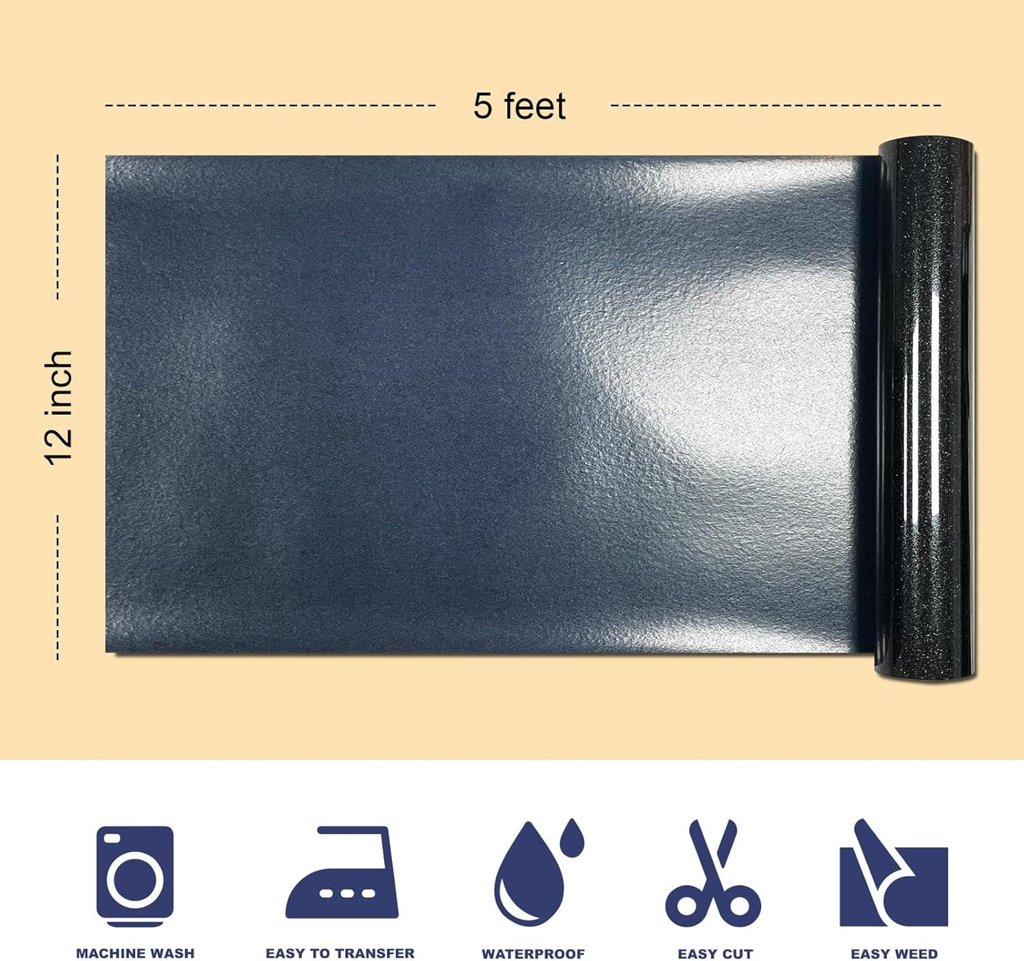 Black Glitter HTV Heat Transfer Vinyl, 12" x 5ft lron on Vinyl, for T-Shirt Ironing, Vinyl HTV Easy to Cut and Weed, The Best Choice for DIY Creativity. (Black, 12" x5ft)