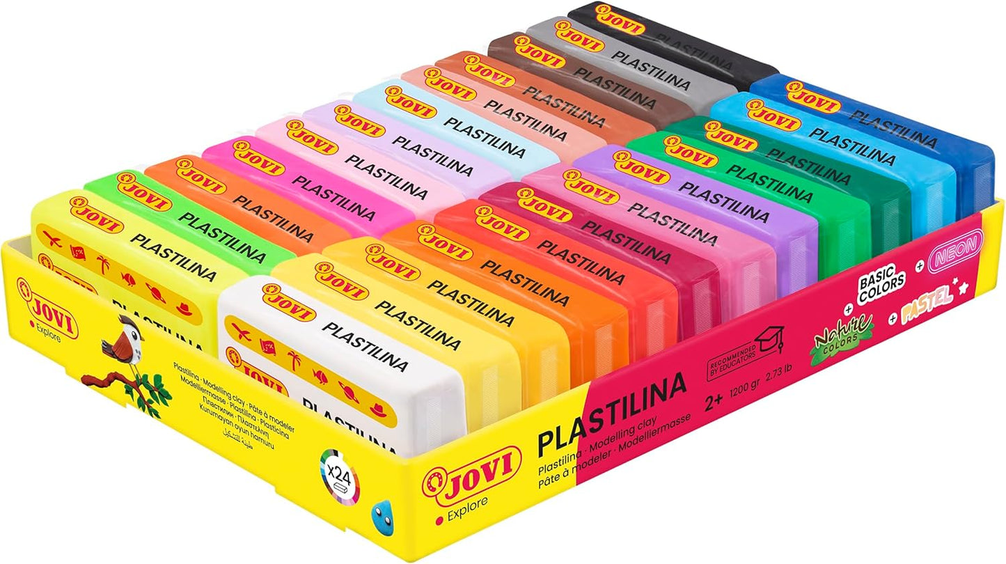 Jovi - Plastilina Pack, Reusable and Non-Drying Modeling Clay, Set of 24 1.75 oz Bars, Vegetable-Based, 24 Colors Assortment, Gluten-Free, Non-Toxic, for Home and School Use (Amazon Exclusive)
