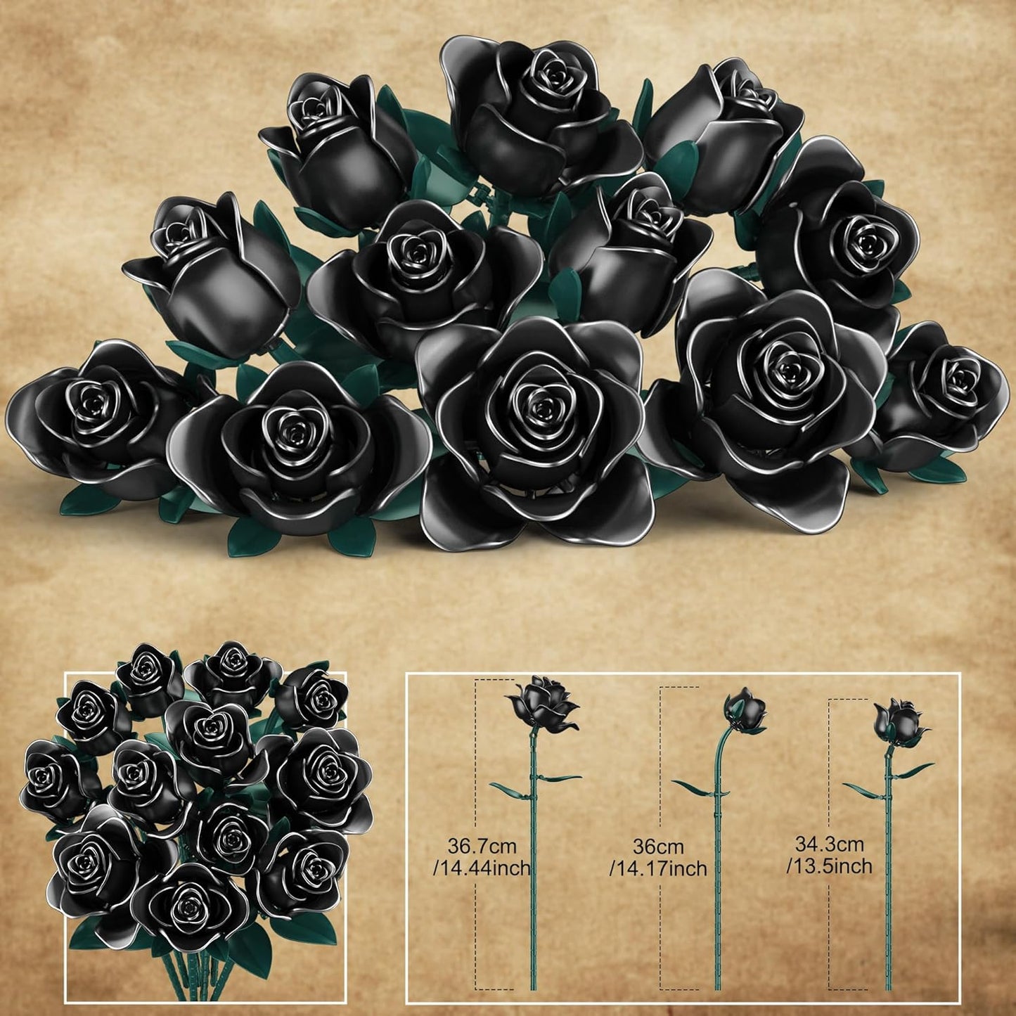 Black Roses Bouquet Building Set, 634Pcs Artificial Rose with 3 Blooming Stages, DIY Floral Home Office Decor for Adults & Kids Ages 6+, Gift for Birthday Valentine's Day Halloween Christmas