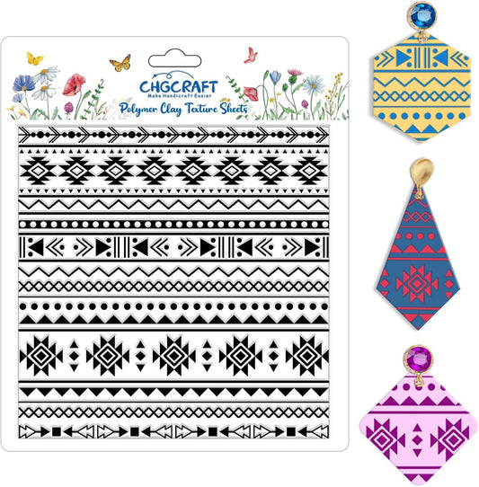 CHGCRAFT Tribal Elements Style Polymer Clay Texture Sheets Aztec Pattern Silicone Texture Stamp Clay Texture Mat Modeling Pattern Pad Sheets for Jewelry and Earrings Tools, 5.5x5.5 inch
