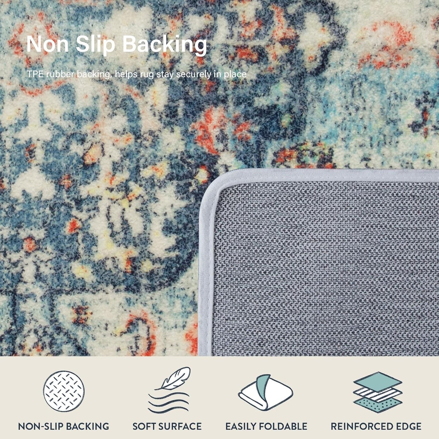 Lahome Bohemian Floral Medallion Area Rug - 3x5 Vintage Teal Distressed Entry Throw Rug Turkish Faux Wool Accent Rug Non-Slip Washable Low-Pile Carpet for Bathroom Entrance Living Bedroom