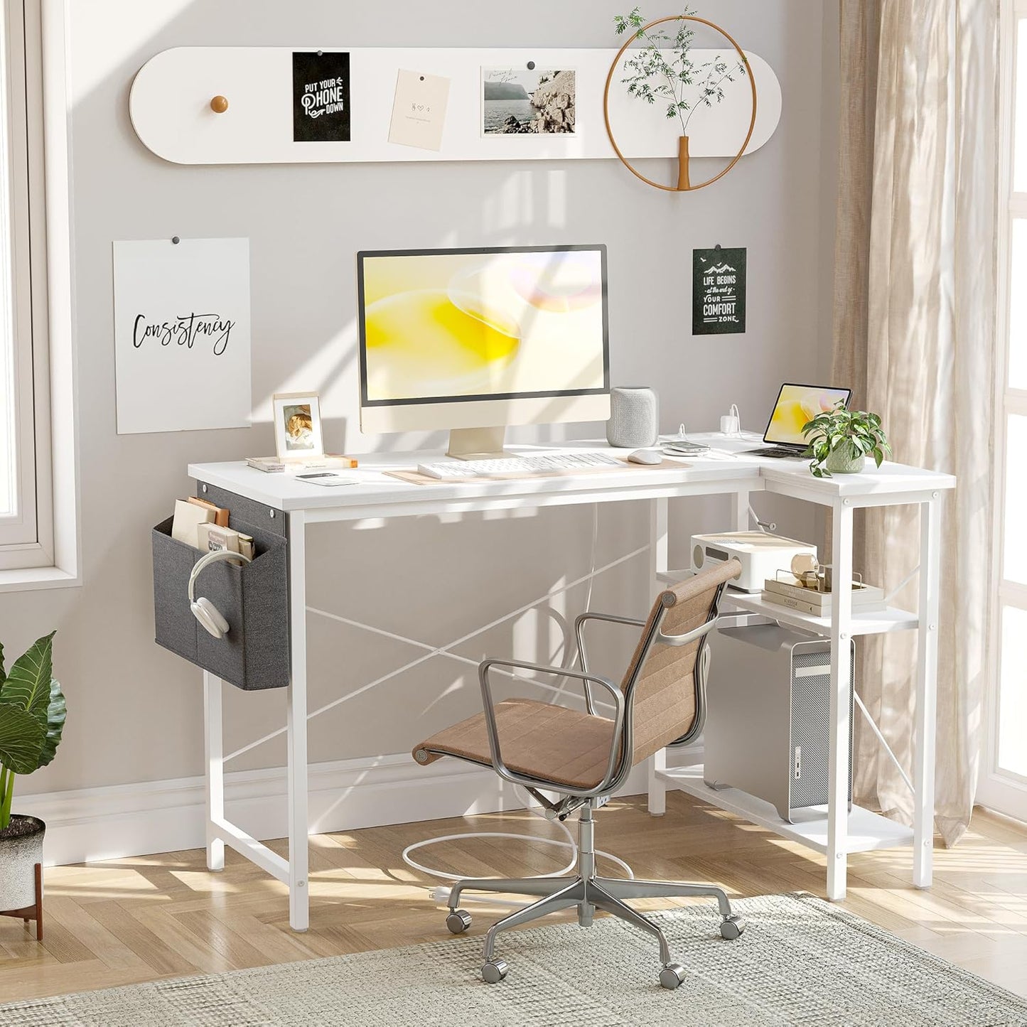 TIQLAB Small Computer Desk with Power Outlets, 40 Inch L Shaped Desk with Reversible Shelves, Gaming Desk Corner Desk Study Writing Desk for Home Office Bedroom Small Space, White