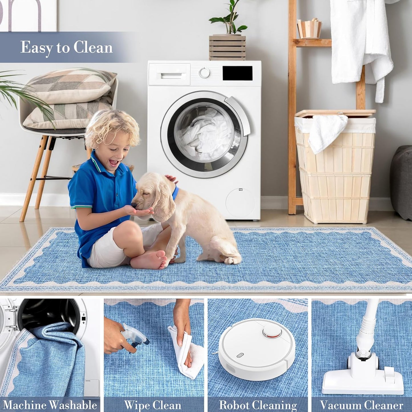 Scalloped 3x5 Rugs for Entryway, Small Area Rug Solid Blue Rug for Bedroom Girls, 3x5 Washable Rugs for Living Room, Non Slip Scalloped Bath Mat, Soft Dorm Nursery Carpet for Bedside