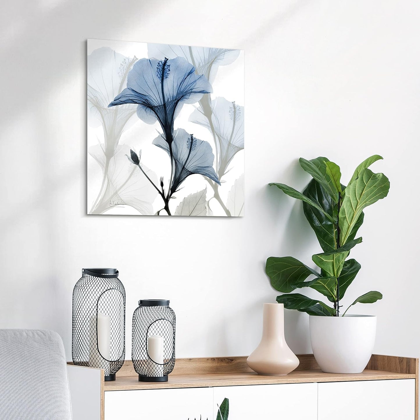 Empire Art Direct Frameless Free Floating Tempered Glass Panel Graphic Wall Art Ready to Hang, 24" x 24", Blue X-ray Floral, Flower wall art