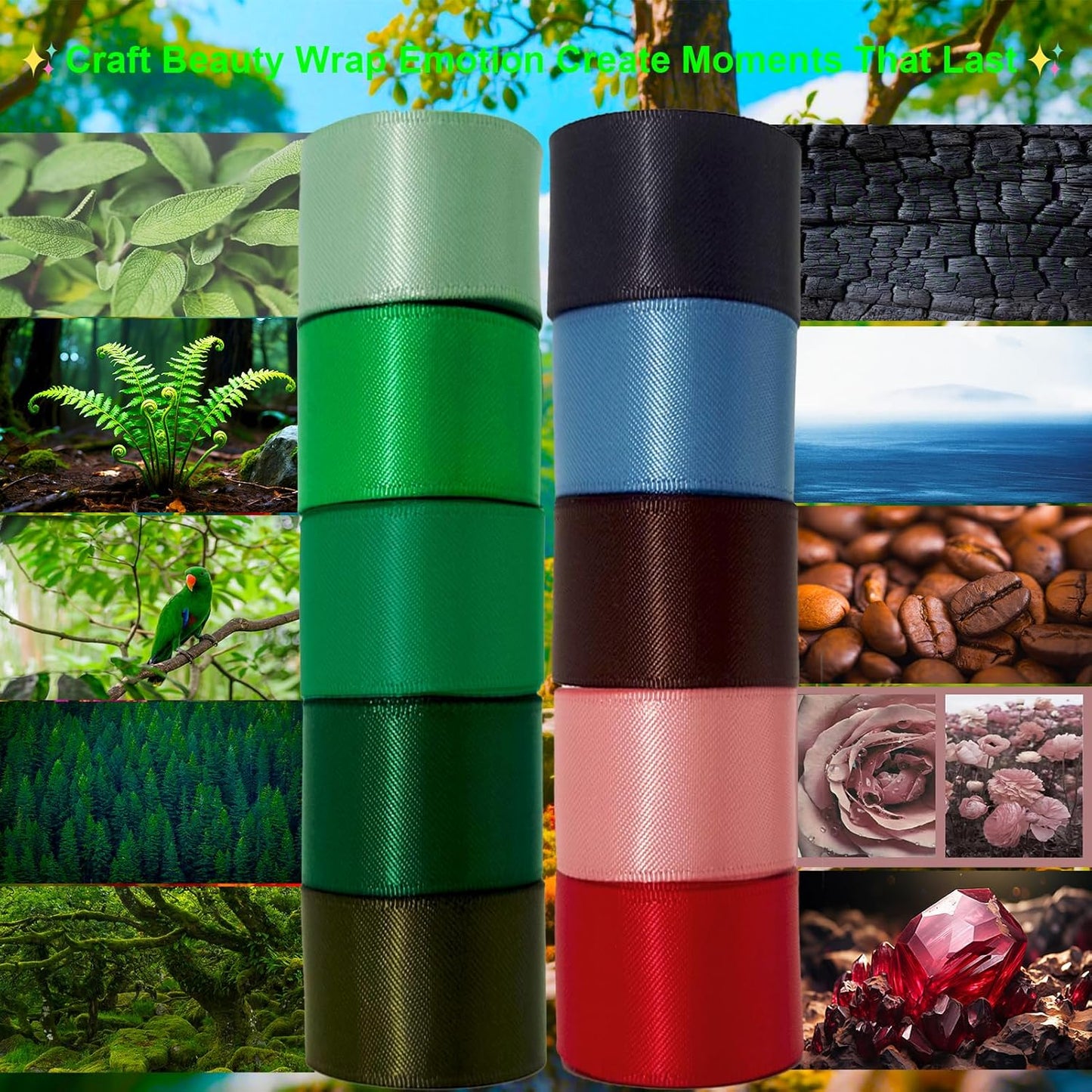 Assorted Green Satin Ribbon 1 Inch Set, 50 Yards Double Faced Pack, Into The Forest 10 Colored Ribbon Bulk for Gift Wrapping, Crafts, Flower Bouquet, Eco Environment, Earthy Day, Forest Wedding