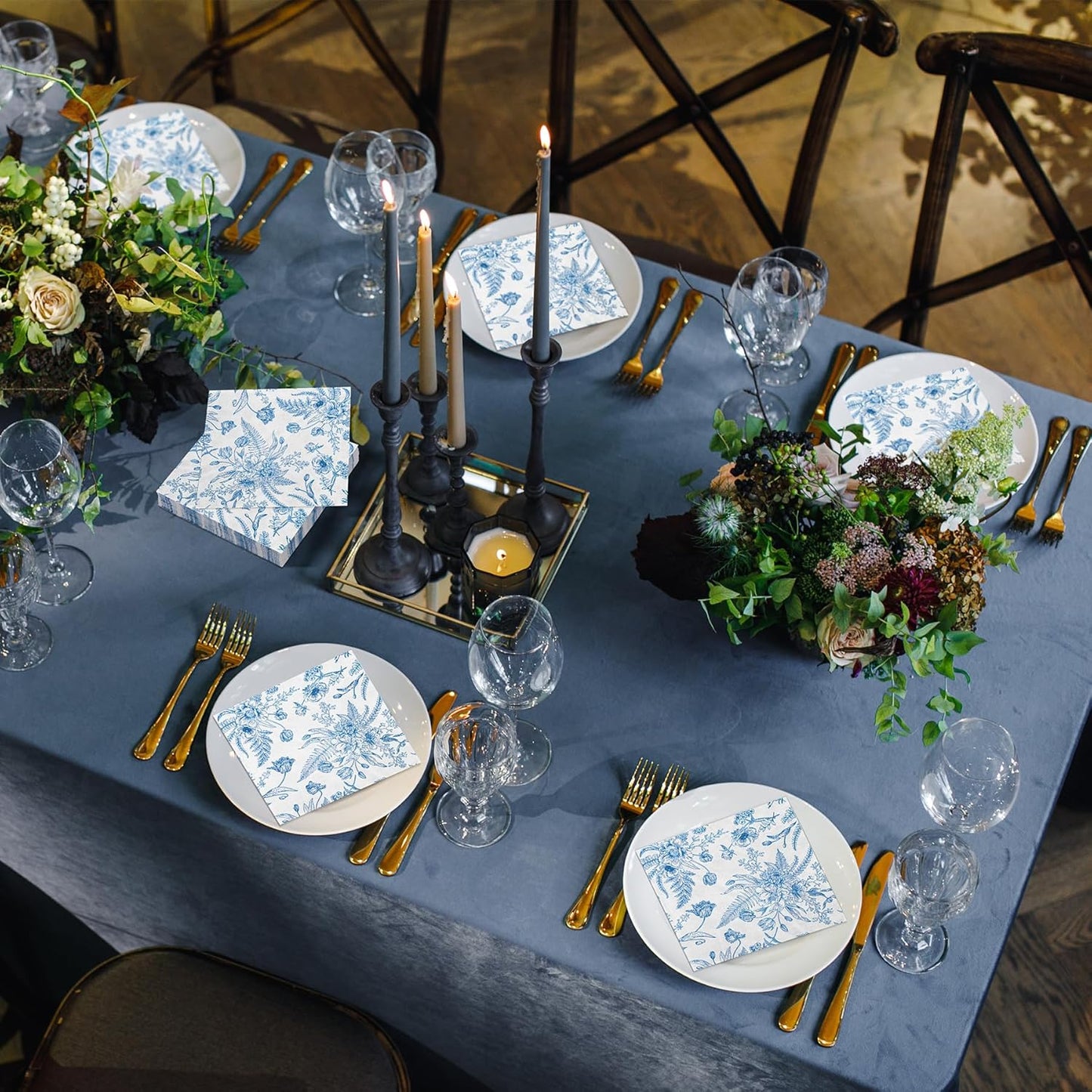 Aodaer 48 Pieces Floral Paper Napkins Disposable Blue Floral Napkins Blue and White Cocktail Dinner Napkin Set 13" x 13" Unfolded Decoupage Tableware Napkins for Garden Party Supplies