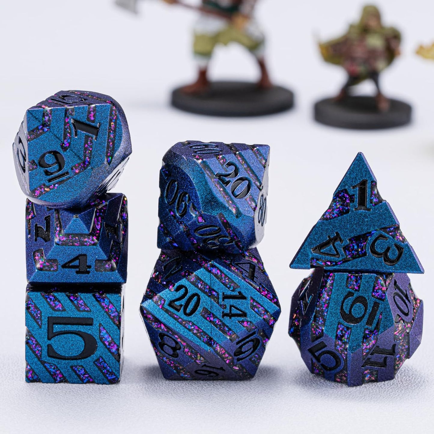 Metallic Glitter Stripes D&D Dice Set,7 PCS Polyhedral Dice Set with Gift,RPG Metal Dice Set Dungeons and Dragons Tabletop Game (Blue+Light Purple)