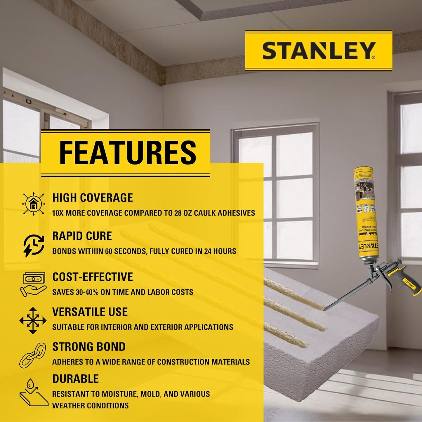 Stanley Quick Bond Adhesive Foam - 1x24oz, Reliable Bond Adhesive for Various Materials, Strong bonding, No Mixing, Gun Use, Gun NOT Included | 1 Pack
