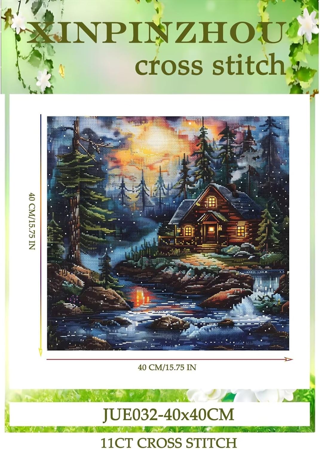 Xinpinzhou Creek Landscape 11ct Cross Stitch Kits, 11 CT Funny Pre Printed Counted Stamped Cross Stitch Embroidery Needlepoint Needlework Patterns Kits for Beginners Adults Crossstitch 40x40 cm