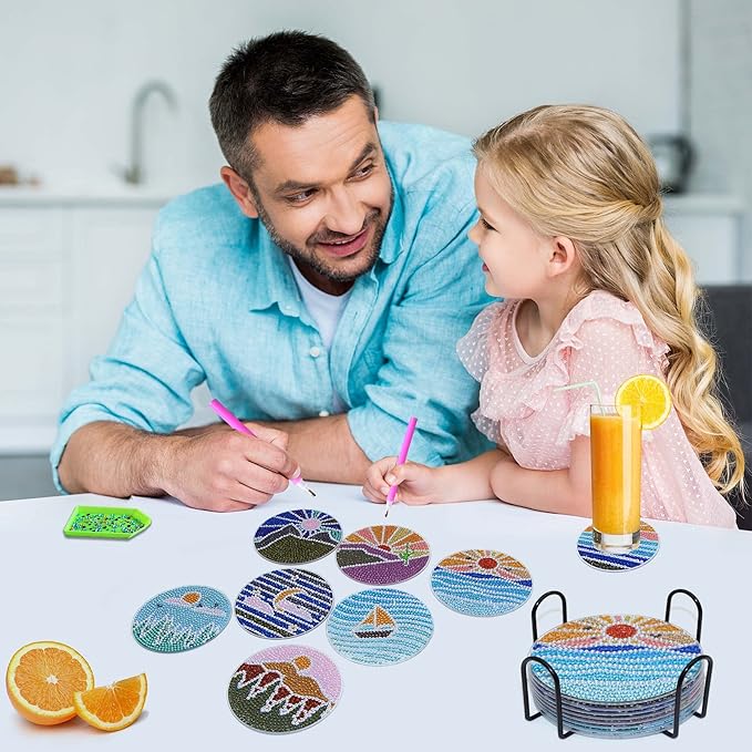 Diamond Art Coasters Kit with Holder, 8 Pcs Diamond Art Coasters for Adults Kids Beginners Crafts Gifts (Sun-Moon)
