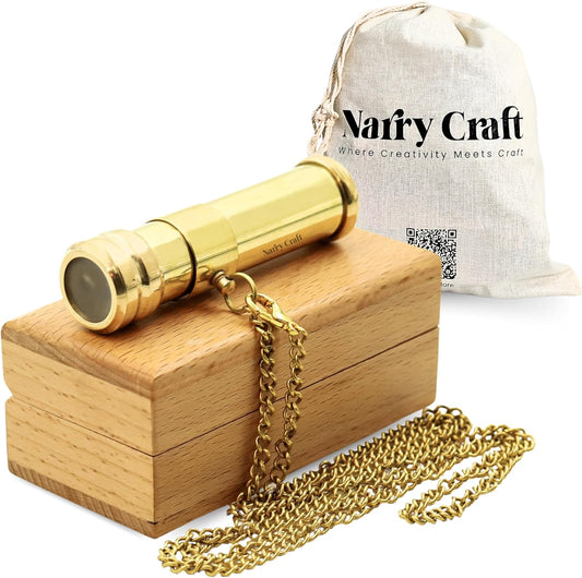 Brass Kaleidoscope with Wooden Box | Handcrafted Vintage Kaleidoscope with Optical Glass Lens & Wooden Storage Box – Collectible Gift for Kids & Adults (Golden/Brass, Small)