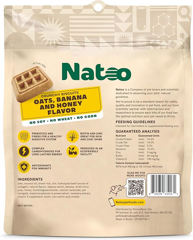 NATOO Dog Treats for Large Breed, Crunchy Biscuits Oats Banana and Honey, Natural Dog Treats, Rich in Omega 6, Prebiotics and Fiber, Antioxidants for Immunity, 8oz