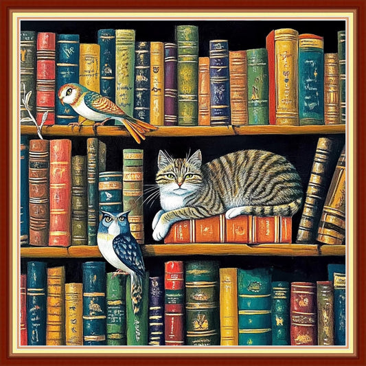 Joyhoor Cross Stitch Kits for Beginners Stamped Cross-Stitch Supplies Needlework preprint Embroidery Kits for Adults DIY Needlepoint Kits Embroidery Patterns 11CT-Cat Bookshelf 18x18 inchs