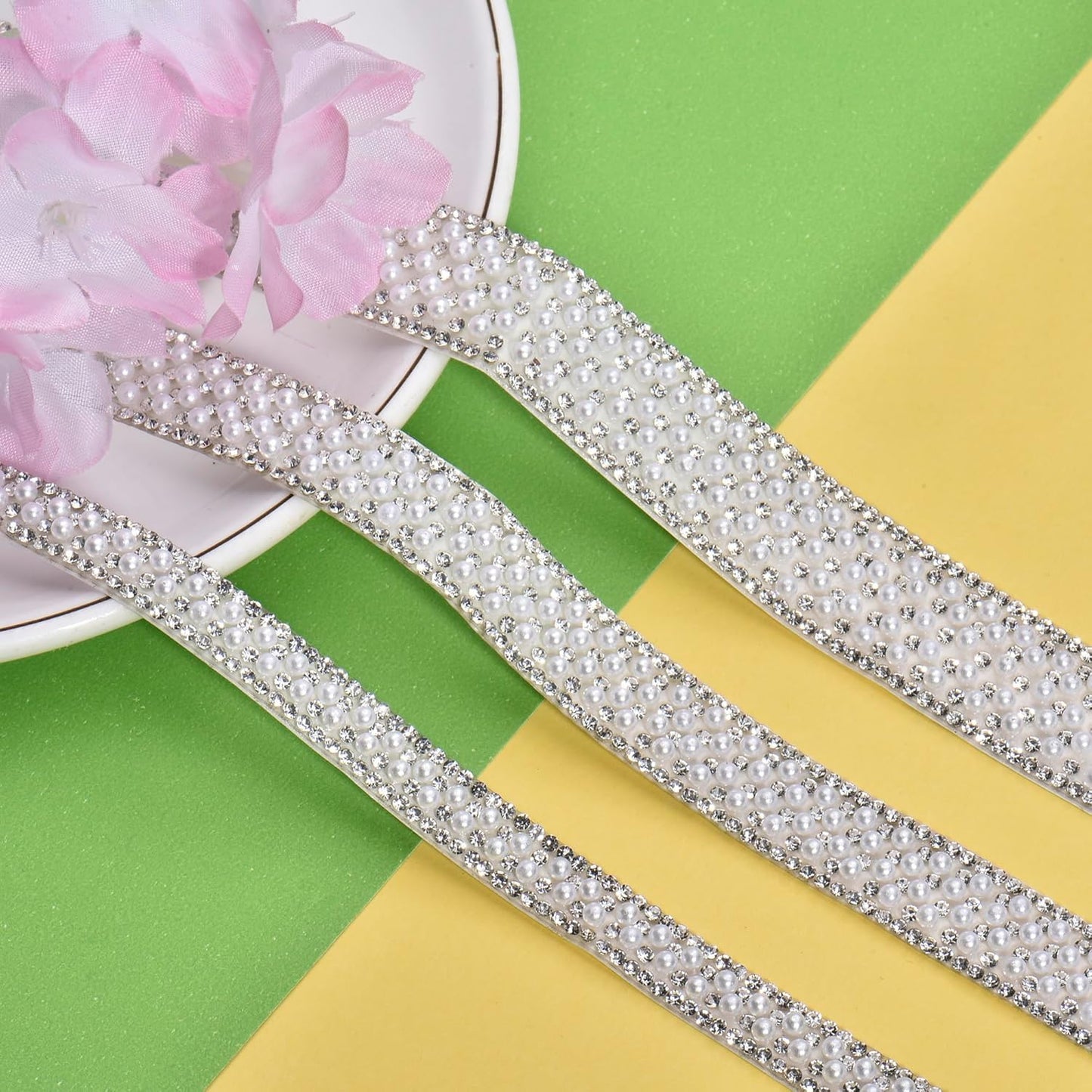 3 Rolls Bling Pearl Rhinestone Ribbon Crystal Strips, Self Adhesive Pearl Crystal Sticker Rhinestone Tape for DIY Car&Craft Wedding Christmas Decoration
