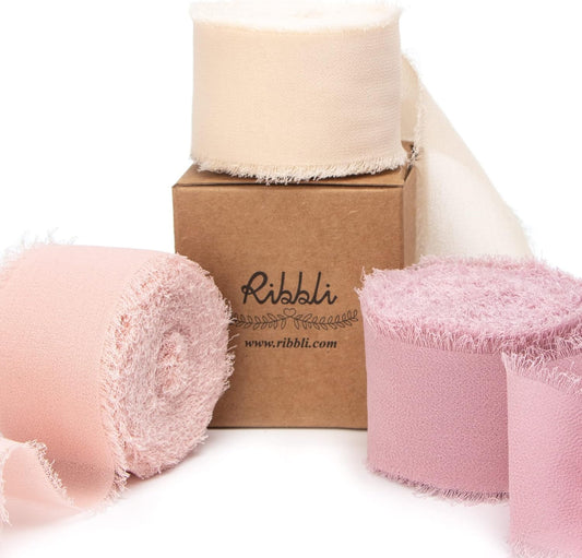 Ribbli Chiffon Silk Ribbon, 1.5 inch x 30 Yard, Champagne/Blush Pink/Dusty Rose Fringe Chiffon Ribbon for Wedding Invitations, Bridal Bouquets Wrapping, Flower Arrangement Decoration