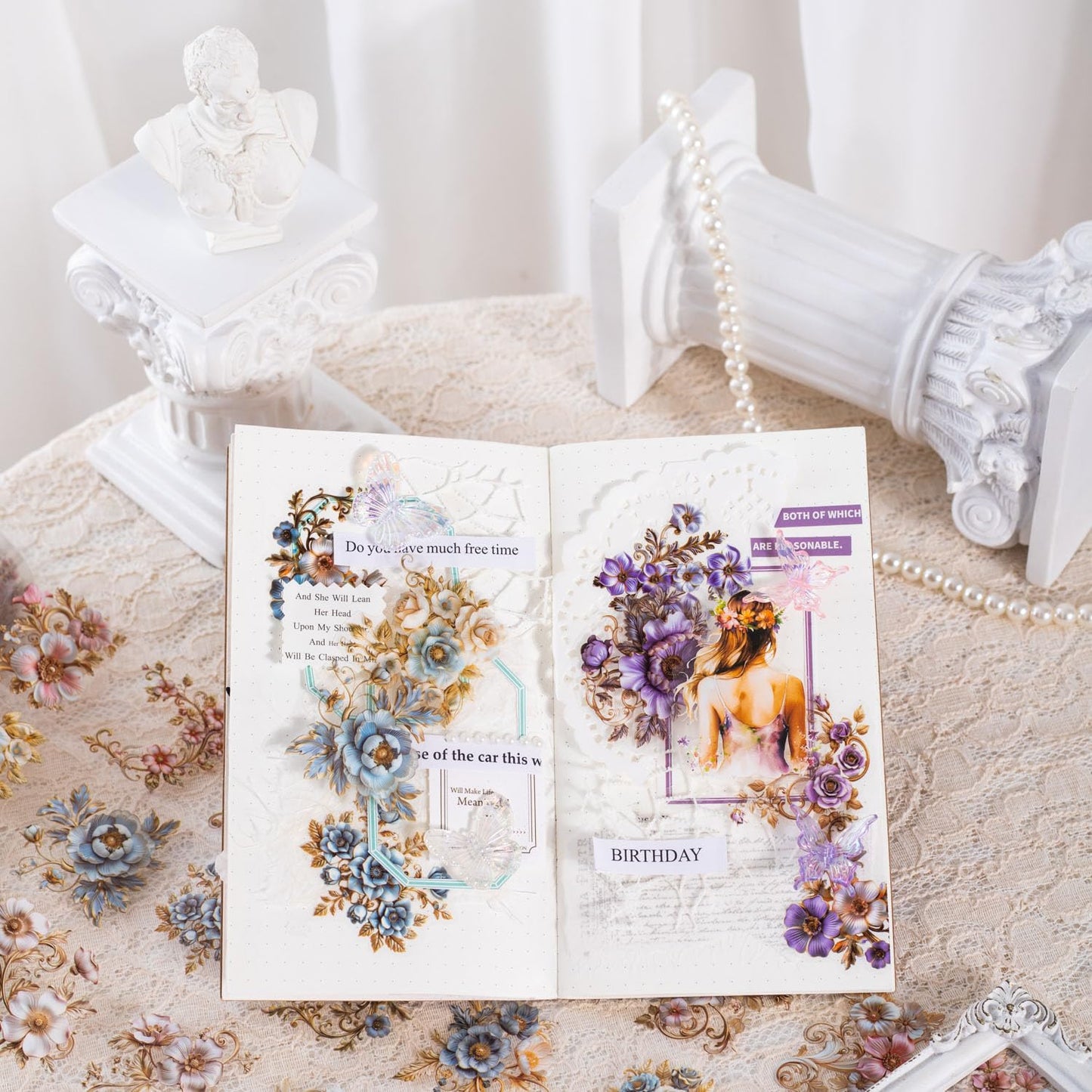 6PCS Baroque Flower PET Tape Set, Vintage Floral Pre-Cut Tapes for Journaling, Scrapbooking, and Junk Journal Ephemera, with Decorative Clip