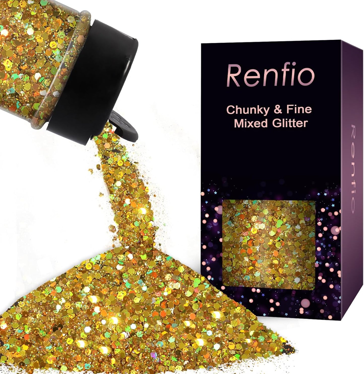 Renfio Holographic Glitter, 2.11oz/60g Medium Size Chunky Mix, Ultra Fine Gold Sequins for Crafts, Christmas, Resin, PET Flakes for Nail Art, Tumblers, Slime - Laser Gold