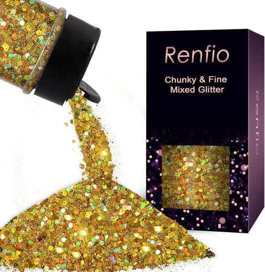 Renfio Holographic Glitter, 2.11oz/60g Medium Size Chunky Mix, Ultra Fine Gold Sequins for Crafts, Christmas, Resin, PET Flakes for Nail Art, Tumblers, Slime - Laser Gold