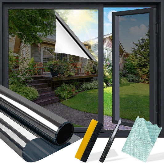 Niviy One Way Window Privacy Film with Installation Tools, Window Tint for Home, Reflective Window Film See Out Not in for Home Office,Black Silver, 35.4 Inch X 78.7 Inch