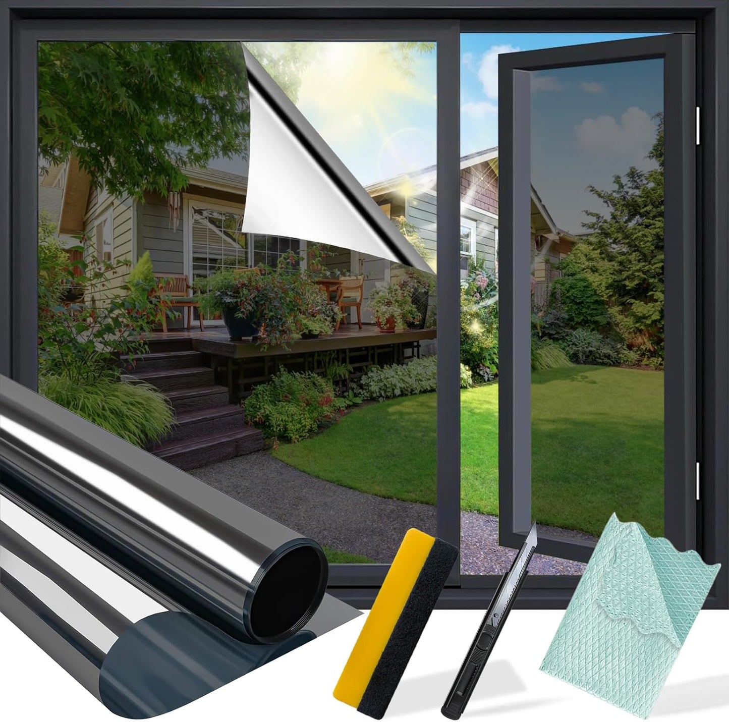 Niviy One Way Window Privacy Film with Installation Tools, Window Tint for Home, Reflective Window Film See Out Not in for Home Office,Black Silver, 23.6 Inch X 118 Inch