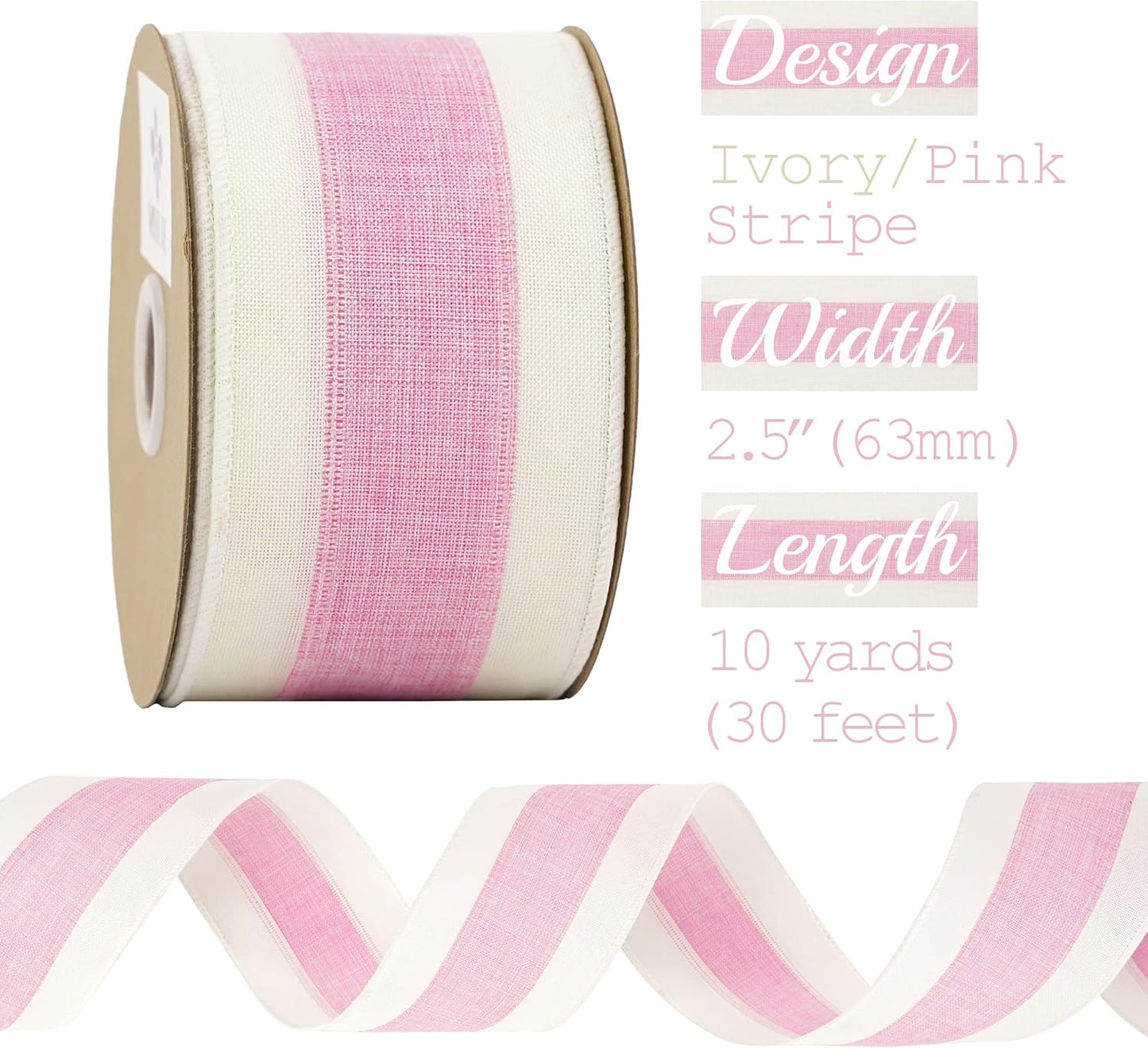 MEEDEE Pink White Stripe Wired Burlap Ribbon with Ivory Stripes Edge - 2.5 Inch, Light Pink (10 Yards) for Wreaths, Garland, Lantern, Mailbox Topper Bow