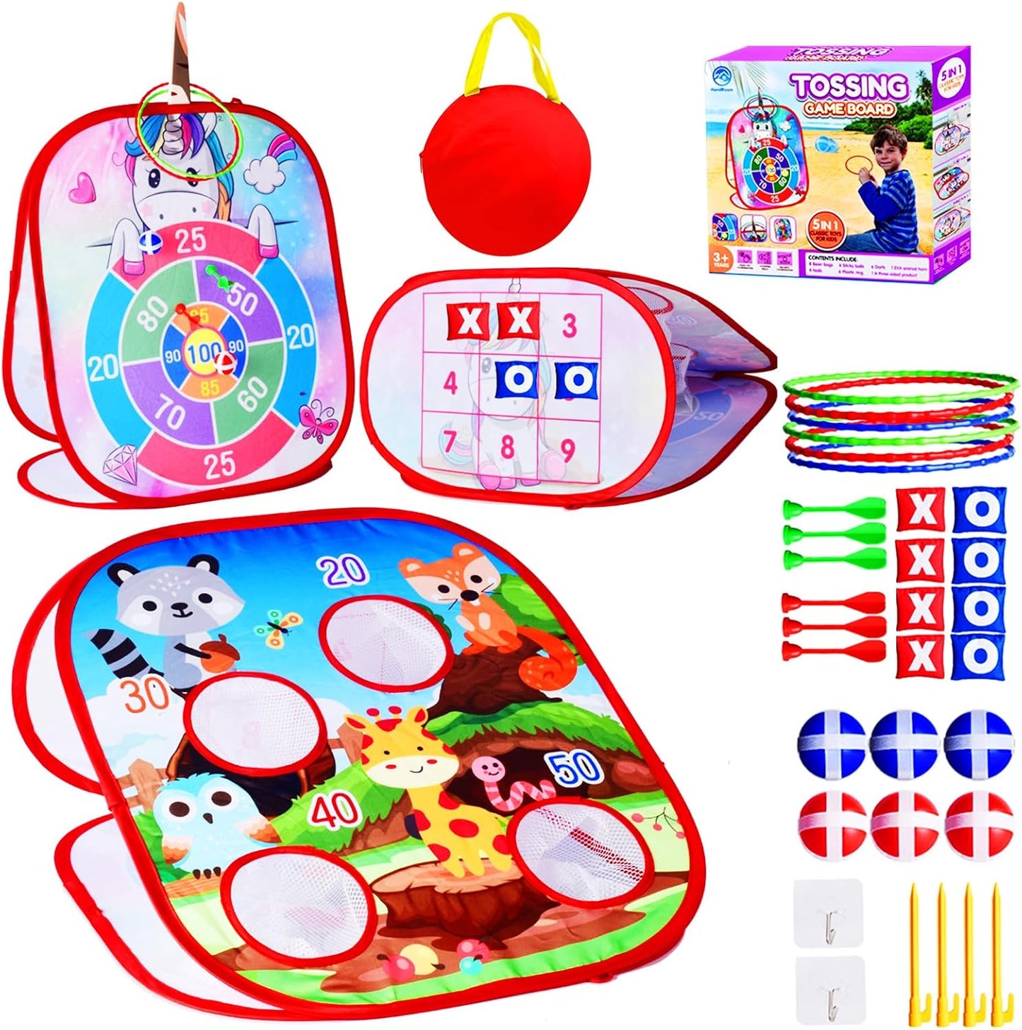 Bean Bag Toss Game for Kids - 5IN1 Kid Cornhole Toys Set, Over 3 Years Toddlers Children Backyard Beach Lawn Outdoor Indoor Throwing Toy to Boys Girls Birthday Family Party Christmas Easter Gift