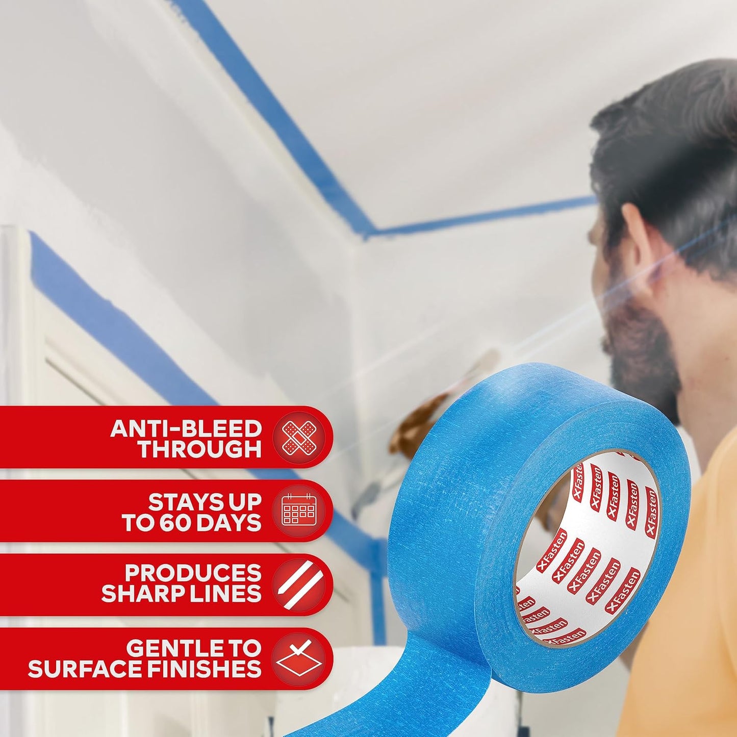 XFasten Blue Painter's Tape, 2 Inch x 60 Yards (12-Pack) Blue Painters Masking Tape Bulk - Sharp Edge Line Technology, Produces Sharp Lines | Residue-Free and Artisan Grade Wall Trim Tape