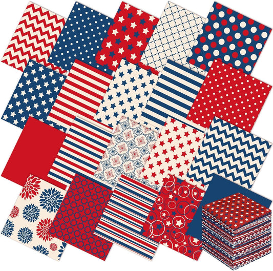 Ganeen 60 Pcs 10 x 10 Inch Vintage Patriotic Quilting Fabric Squares Red Blue White Fabric Bundle Retro 4th of July Fat Patchwork Precut Stripes for Memorial Day Handmade Material Sewing DIY Crafts
