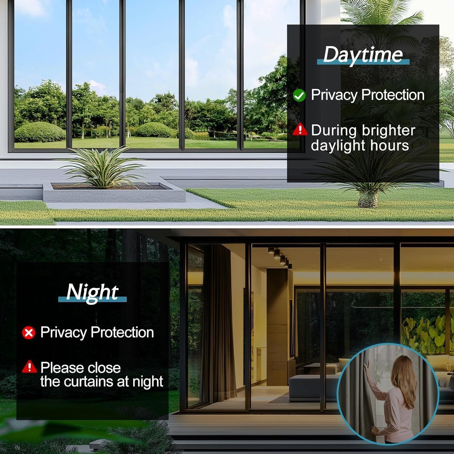 DOWELL One Way Window Privacy Film with 3 Tools Window Tint for Home Sun Blocking Heat Control Anti UV Reflective Mirror Covering See Out Not in for House and Office Black Silver 23.6" X 78.7"