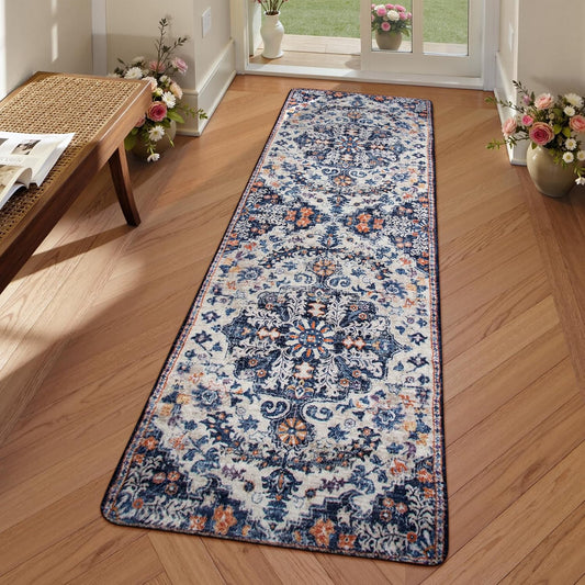 Lahome 2x6 Blue Washable Hallway Runner Rug, Bohemian Floral Medallion Kitchen Carpet Runner, Soft Non Skid Floor Runners for Bathroom Bedroom Vanity Office Sunroom