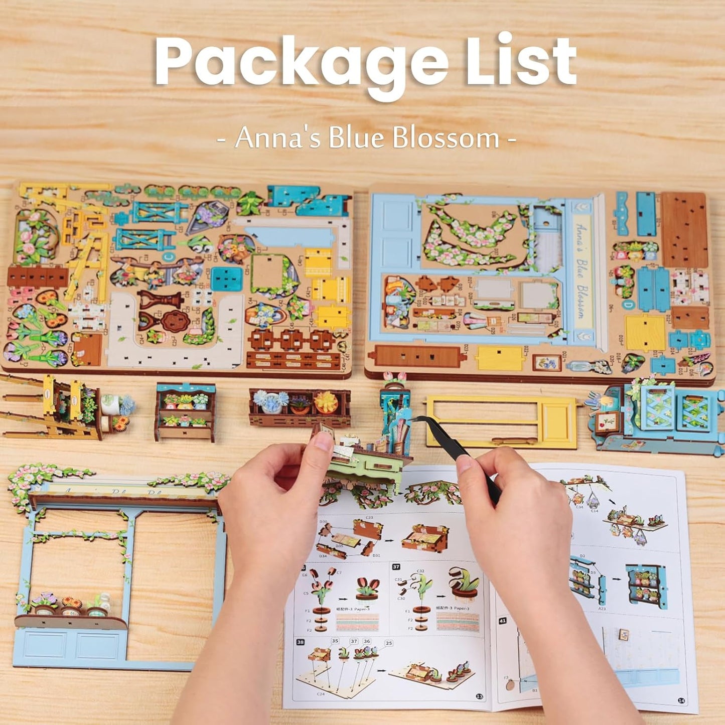 Fsolis Book Nook Kit - DIY Scene Miniature Dollhouse Kit for Adults, Bookshelf 3D Puzzles 255PCS, Tiny House Mini Flower Shop Model Booknook Craft, Gifts for Women Puzzle Lovers (Anna's Blue Blossom)