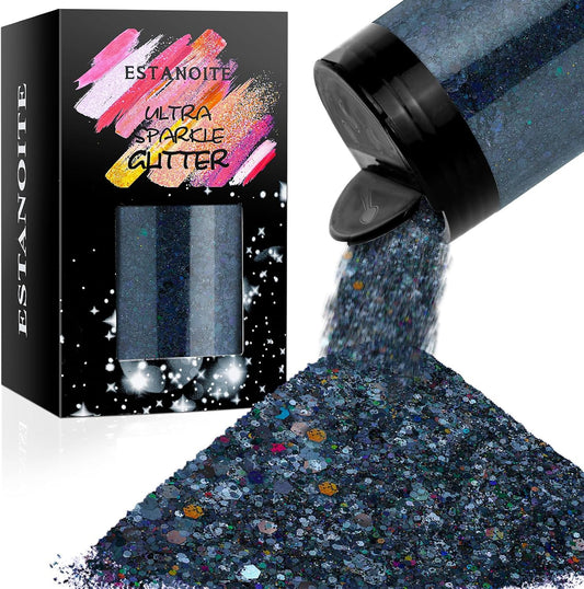 Laser Black Chunky & Fine Iridescent Glitter Mix, 160G/5.64OZ - Cosmetic Glitter for Nail, Hair, Makeup, Body & Tumbler - Bulk