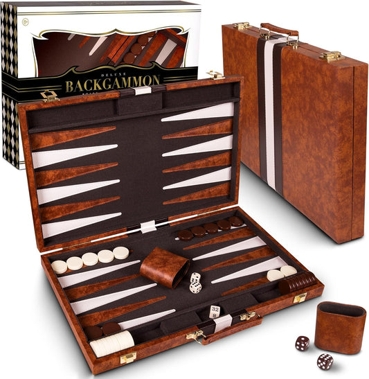 Backgammon Sets for Adults with Premium Leather Case | Classic Travel Backgammon Set for Adults and Kids with Strategy & Guide | 15 Inches | Medium | Brown