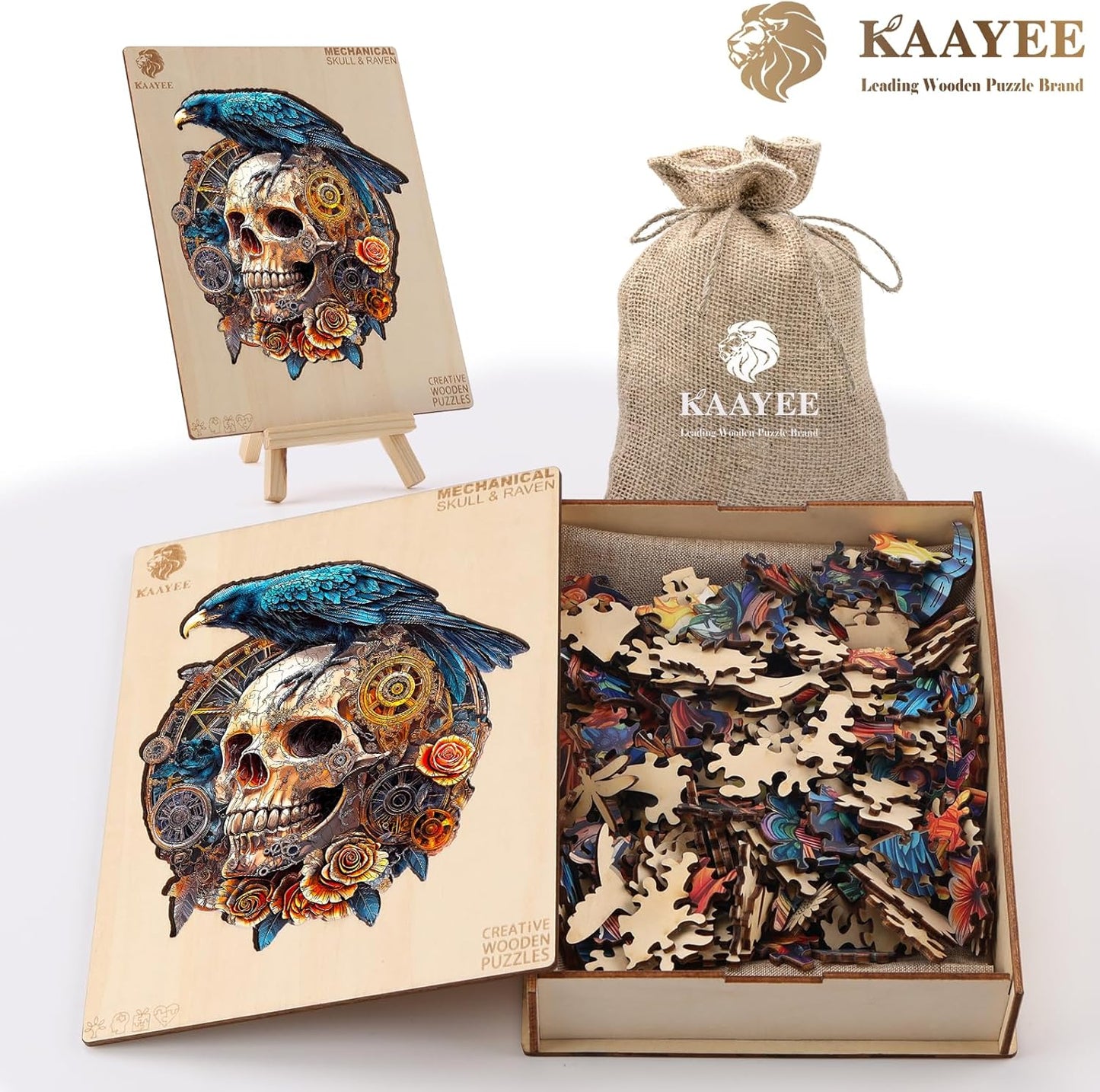KAAYEE Wooden Puzzles for Adults, 3D Visual Effect Raven & Mechanical Skull Wooden Jigsaw Puzzle Unique Shape Wood Puzzle Adult, 3D Effect Flat Puzzle Birthday Family Games (S-8.5 * 7.5in-95pcs)