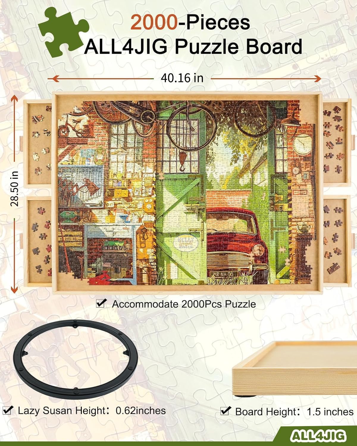 ALL4JIG 2000 Piece Rotating Puzzle Board with Drawers and Cover, 28.5"x40.1"Portable Wooden Jigsaw Puzzle Table for Adults Portable, Lazy Susan Spinning Boards Birthday Gift for mom